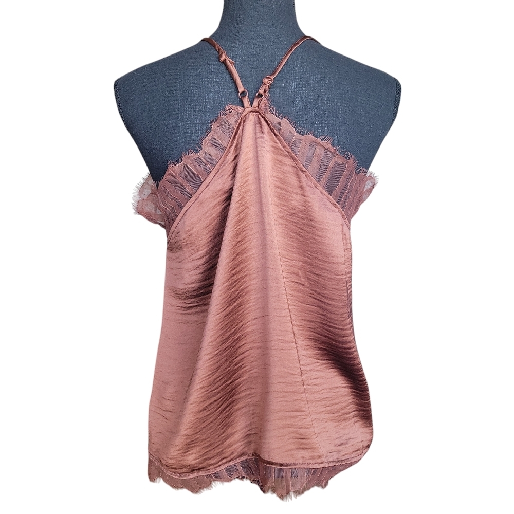 Frye NWT Brown Satin Eli Lace-Trim Racerback Tank Women's Size M FLAWS - Picture 4 of 16